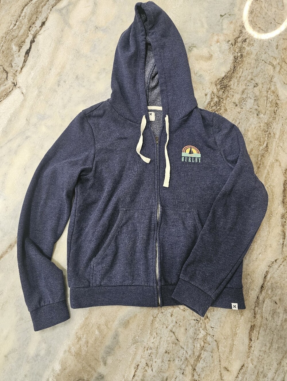 Hurley Zip Front Hoodie Extra Small Heather Navy Sunset Graphic Sweatshirt